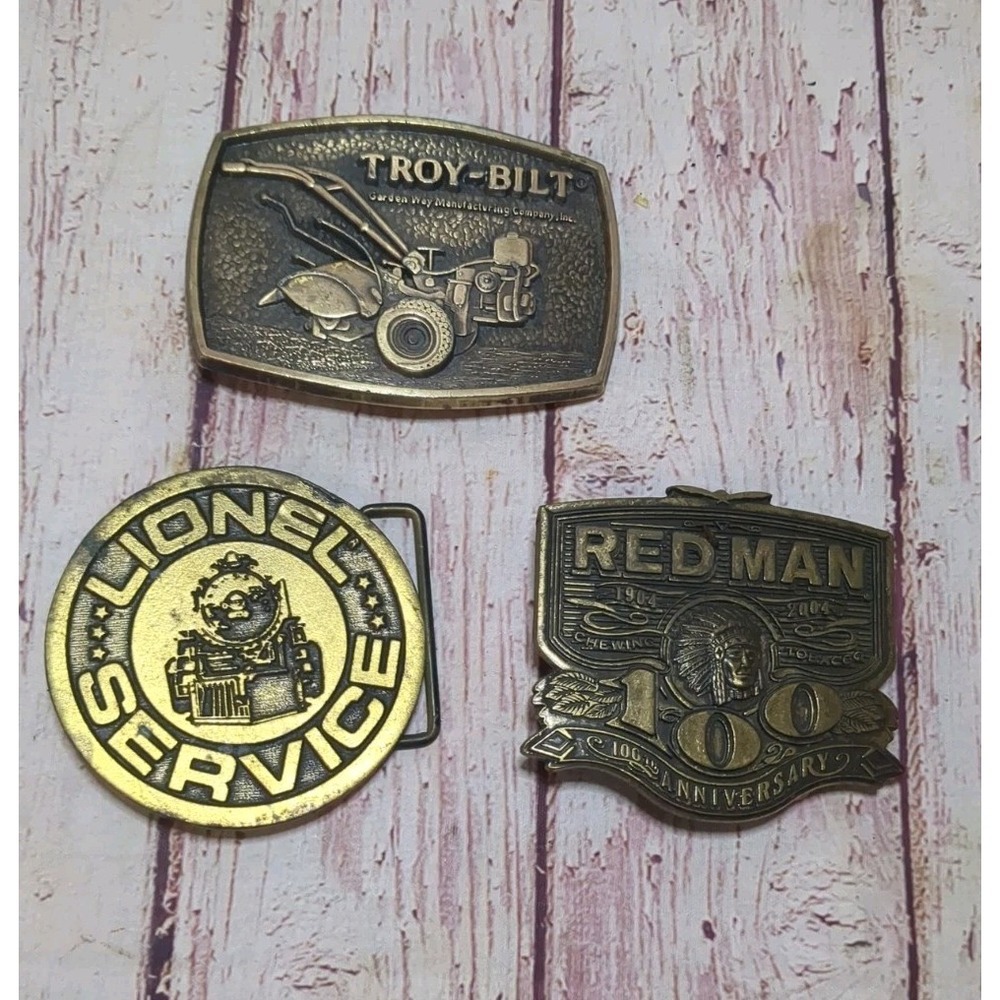 Vintage Brass Belt Buckles Lot Of 3 Redman, Troy-bilt, Lionel Trains